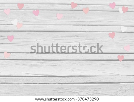 Valentines day or wedding mock up scene with paper hearts confetti and old white wooden background, empty space for your text, top view