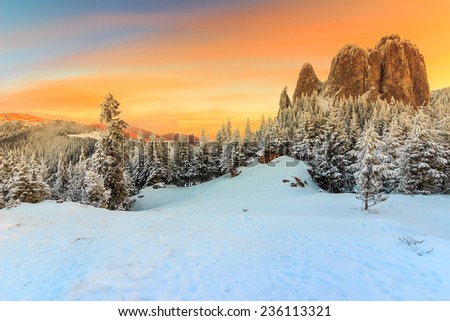 Amazing sunrise and winter landscape,Lonely-Rock,Carpathians,Transylvania,Romania,Europe