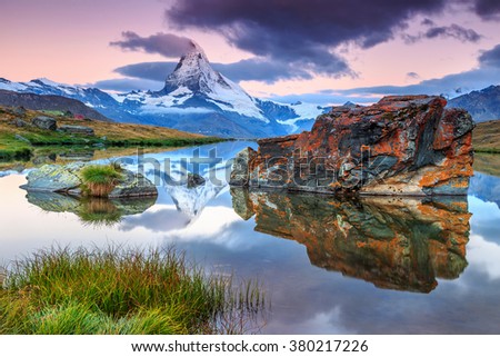 Stunning panorama with Matterhorn at morning and beautiful alpine lake,Stellisee,Valais region,Switzerland,Europe