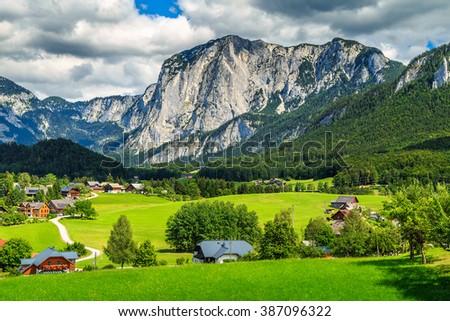 Beautiful spring landscape with green fields,alpine pasture and high rocky mountains,Altaussee,Salzkammergut,Austria,Europe