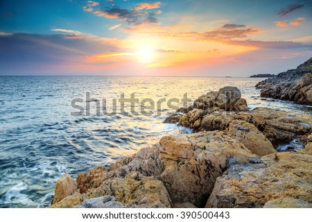 Rocky coastline with magical sunrise,Rovinj,Istria peninsula,Croatia,Europe