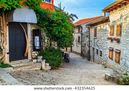 Spectacular stone paved street and restaurant entrance with colorful mediterranean flowers, Rovinj old town,Istria region,Croatia,Europe
