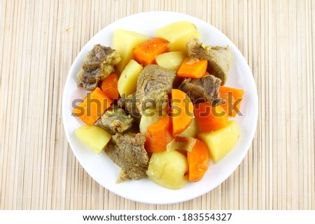 Cooked meat and boiled vegetables.