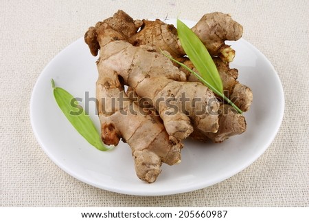 Fresh organic  ginger with ginger leaves.