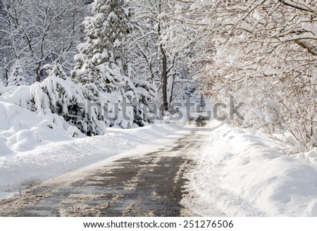 a lovely snow filled winter scene in rural Indiana, with  frosted trees and a deep snow base