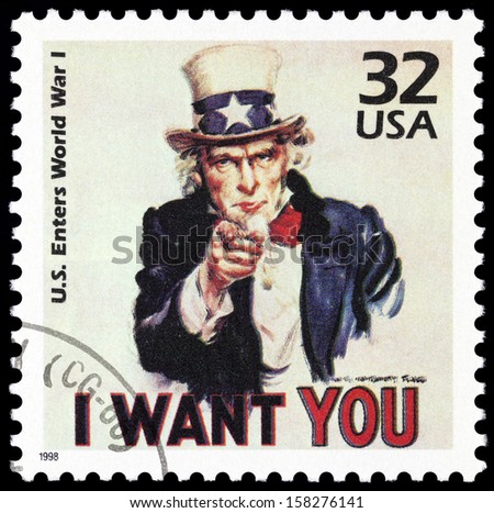 United States -Â?Â? Circa 1998: A Canceled Stamp Printed In Usa Showing An Image Of Uncle Sam From World War: I Want You. Circa 1998.