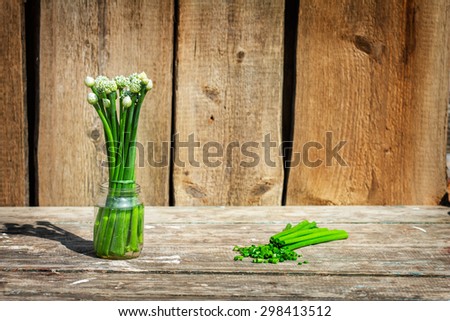 green onions in a glass jar . Rural composition texture board. bouquet blooming onion