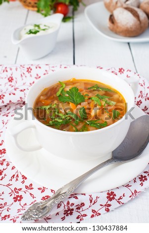 Traditional russian cabbage soup-schi (soup from cabbage, carrot and tomatoes)