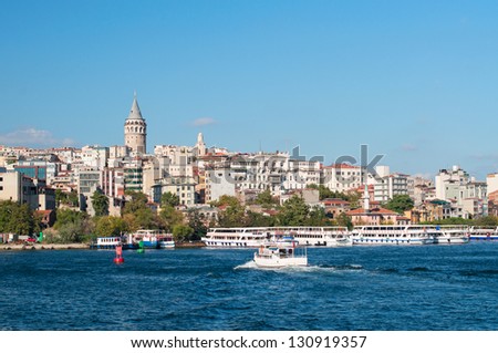 View on Galata tower from Golden horn bay. Istanbul. Turkey