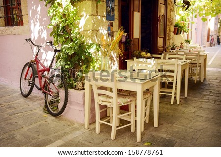 Street cafe in greek town. Crete