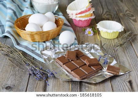 Chocolate, lavender and eggs for baking