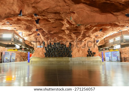 STOCKHOLM, SWEDEN - AUGUST 16, 2014: Interior of Radhuset metro station  in Stockholm, Sweden. It`s the most famous and beautiful station, that is visited by thousands of tourists