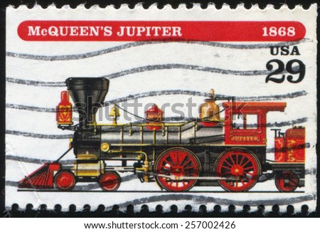 UNITED STATES CIRCA 1994 postage stamp printed in  USA devoted to locomotive McQueen\'s Jupiter, one of the two locomotives meets at Promontory Summit, 1868, First Transcontinental Railroad, circa 1994