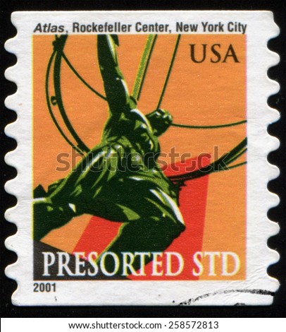 UNITED STATES OF AMERICA - CIRCA 2001: A stamp printed in USA shows Atlas in Rockefeller Center, New York City, largest sculptural work at Rockefeller Center. circa 2001