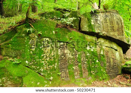 A large rock face covered in ancient text engravings and moss. Taken at a South Korean Temple.
