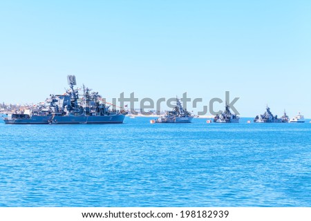 SEVASTOPOL, CRIMEA - MAY 7, 2014: Ships of Russian Navy Black Sea Fleet prepare for a Victory Day parade in Sevastopol with \