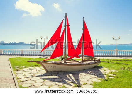Gelendzhik, Russia - May 7, 2015: Monument to Scarlet Sails on central embankment of town. It is a symbol of belief in the reality of miracles. Scarlet Sails is a story that was written by A.Green.