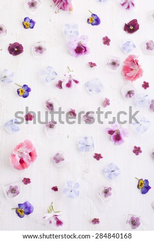Scattered flower and flower ice cube background