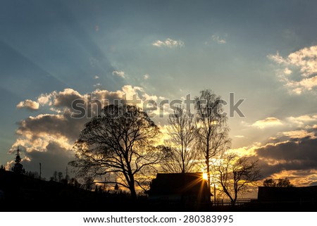 sunset behind the trees, house, silhouette, sun, nature, clouds, landscape, sunset, tree, behind, sun, landscape, nature