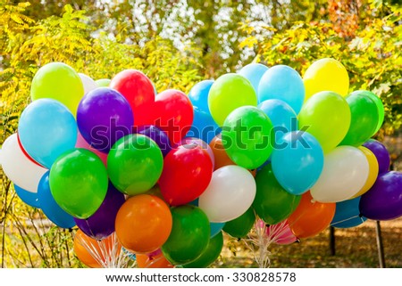balloons in autumn park Yellow Autumn time, multicolored balloons, about autumn, autumn theme, design, creativity