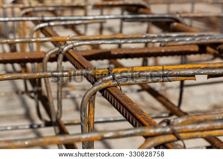 Design of reinforcement cage of reinforcement for concrete frame house, brick house, formwork for concrete pouring, construction site, working crane, construction of houses