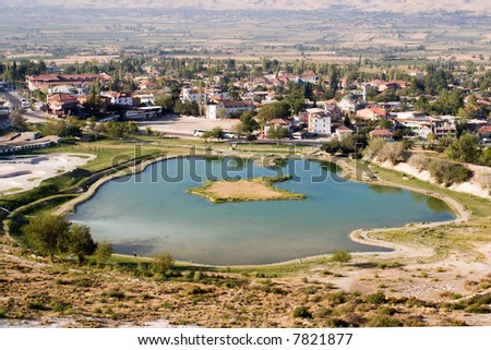 lake; pamukkale; heritage; nature; monument; mountains; mineral; source; water; white; snow-white; excrescences; history; game reserve; declivities; building