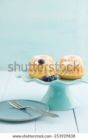 Mini bundt cakes with icing sugar on a cake stand with blueberries