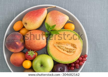 Overhead shot of a collection of different summer fruits on a plate