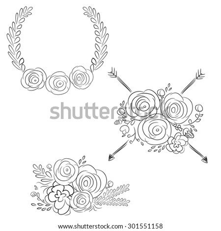 Wreaths and laurel wreaths. Round flower frames. Hand drawn design elements set.