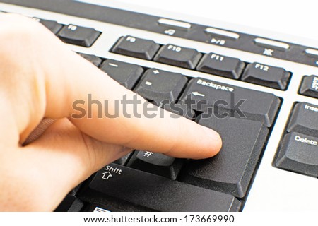 Finger pressing enter key on keyboard. Enter text removed for custom text addition.
