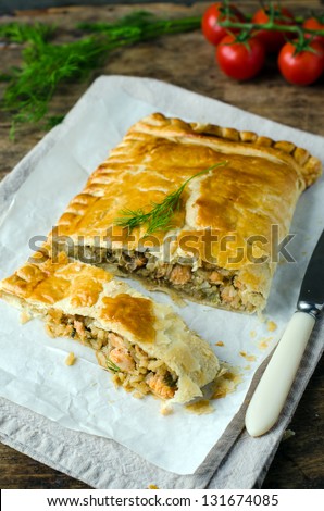 Pie with rice and salmon
