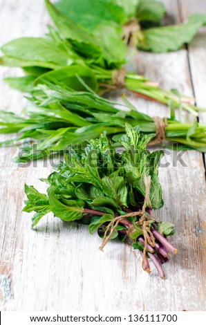 Fresh herbs ( sage, tarragon , mint and spinach ), selective focus