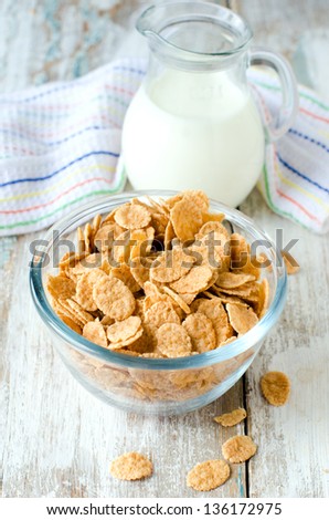 Corn flakes and milk . Breakfast, Selective focus