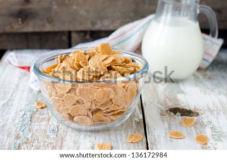 Corn flakes and milk . Breakfast, Selective focus