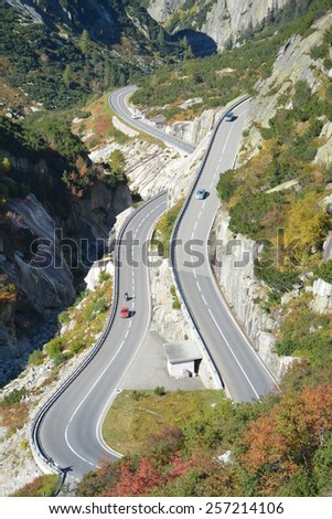 Famous swiss alpine road leading up to the Grimsel pass. It is the national cycle route 8 from Switzerland which is used at times for the Tour de Suisse.