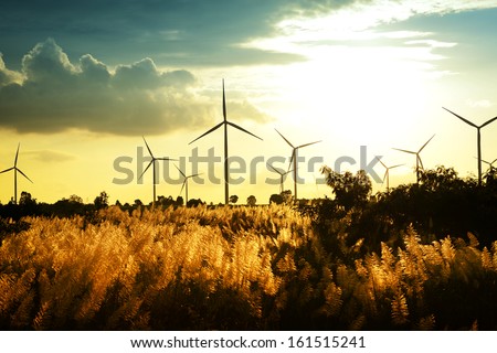Eco power, wind turbines at sunset