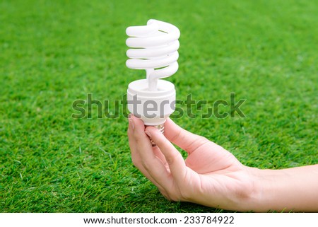 Light bulb in hand with green background