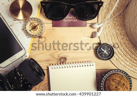 Travel plan, trip vacation, tourism mockup - Outfit of traveler on wooden background
