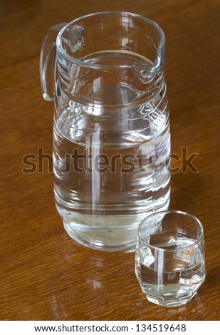 Glass carafe and a glass of water on a wooden table.