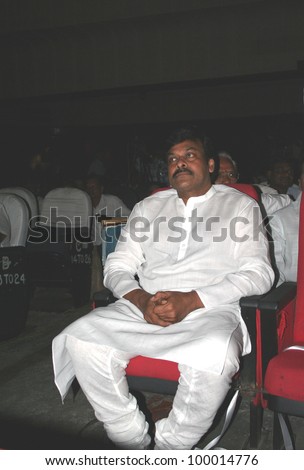 HYDERABAD,AP,INDIA-April 06:Telugu Movie Artist and parliamentarian Chiranjeevi watches dance drama Swadesheeyam on April 06,2012 in Hyderabad,Ap,India.Encouraging handloom textile industry theme.