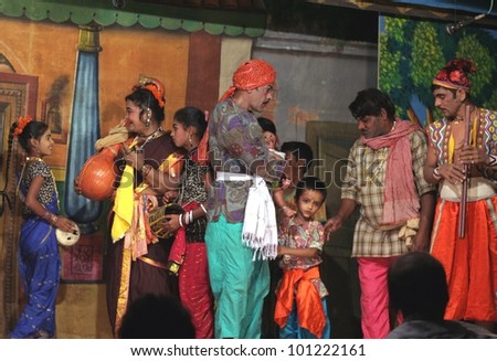 HYDERABAD,AP,INDIA-APRIL 22:One family theatre  Surabhi artists perform Patala Bhairavi folk drama on April 22,2012 in Hyderabad,AP,India.Telugu theatre is 125 years old and Surabhi is synonymous.