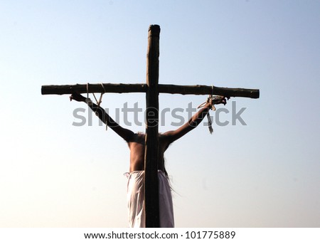 HYDERABAD,AP,INDIA-APRIL 05:Reenactment of  the play of Jesus crucifixion on the occasion of Good Friday at St Joseph\'s Cathedral Church,built in 1875 on April 05,2012 in Hyderabad,Ap,India.
