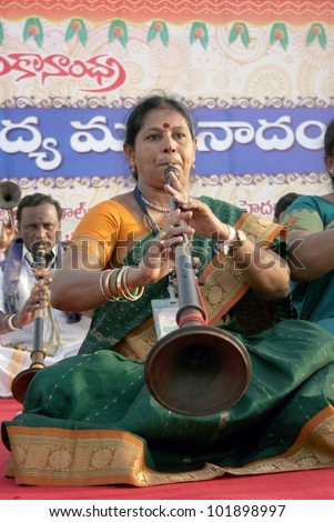 HYDERABAD,AP,INDIA-MAY 06:Around 3,500 artists perform during birth anniversary of Annamacharya ,Mangala Vadya Sammelanam, using    traditional instruments on May 06,2012 in Hyderabad,Ap,India.