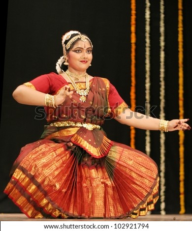 HYDERABAD,AP,INDIA-MAY 12:Kumari Sharanya performs Bharatanatyam dance in Nrithya Hela at ravindra bharati on May 12,2012 in Hyderabad,Ap,India.A popular classical dance form of Tamil Nadu,India.