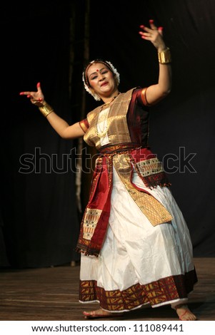 HYDERABAD,AP,INDIA-JUNE 16:Dr Mrunanda performs Sattriya Dance ,assamese classical indian dance form of 15th century, in thyagaraya gana sabha,a ICCR event on June 16,2012 in Hyderabad,Ap,India.