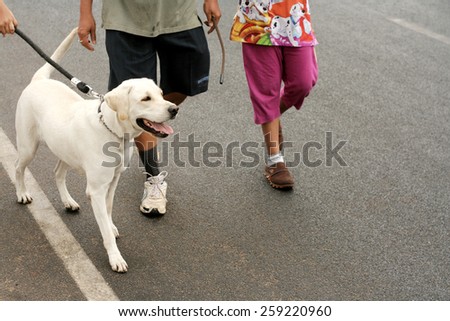 HYDERABAD,INDIA-FEBRUARY 28:People take the pet dog for a walk on the happy roads program (vehicular traffic stopped) on February 28,2015 in Hyderabad,India.