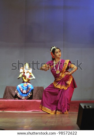 HYDERABAD,AP,INDIA-MARCH 21:Artists present Dance ballet Matru Devo Bhava on the International Mothers\' Day at ravindra bharati on March 21,2012 in Hyderabad,Ap, India.Mothers in mythology were shown.