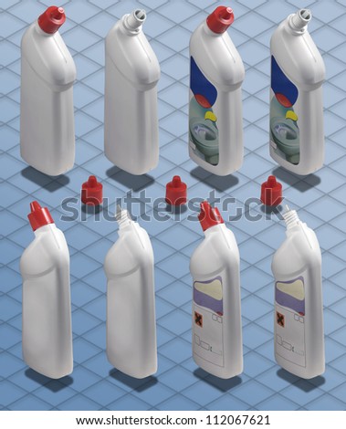 Isometric - Liquid White Bottle of Detergent Cleaner for bathroom isolated with clipping path and free copy space, ISO shots are modular, you can use them mixing together for the same prospective
