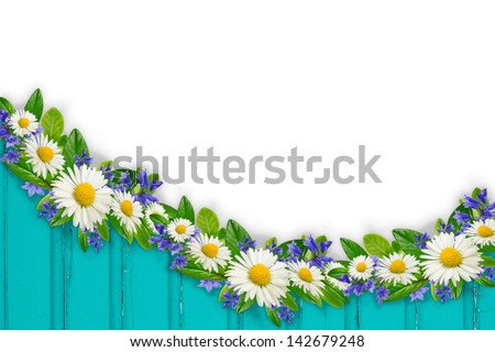 Border of wild flowers and blue board on the white background