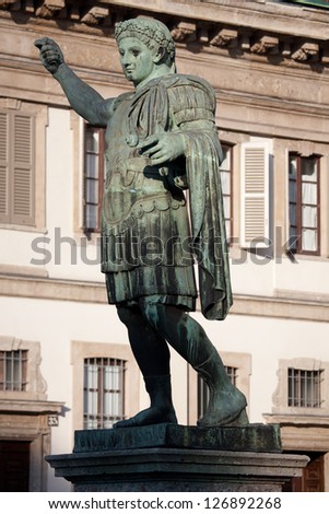 Monument to Roman emperor Constantine I  in Milan, in front of San Lorenzo Maggiore basilica. This bronze statue is a modern copy of a Roman statue in Rome.